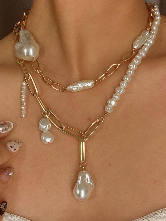 Anthropologie Jewelry - Baroque Pearl Layered Chain Necklace Gold Statement Choker